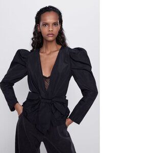 Zara Black Taffeta Blouse With Bow and Lace Detail, NWT, XS
